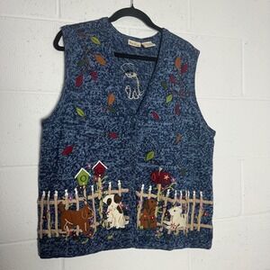 Bobbie Brooks Woman Blue Marled Dog Garden Embroidered Sweater Vest Plus 18W 20W